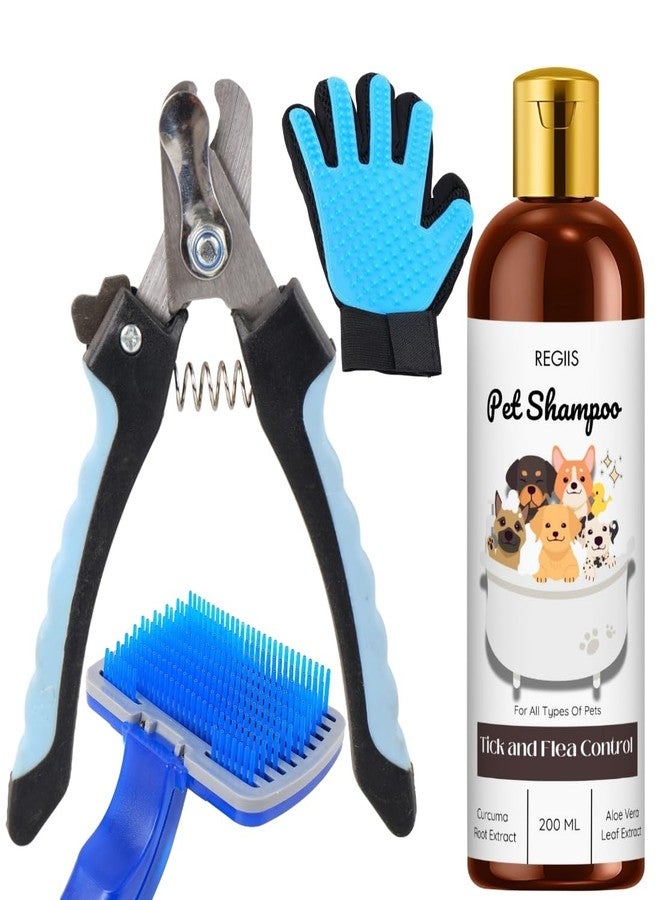 REGIIS Pet Grooming Kit with Tick and Flea Control Shampoo, Professional Dog Brush, Pet Hair Removal Glove, Nail Clipper, 200ml(Pack of 4) - Image 1